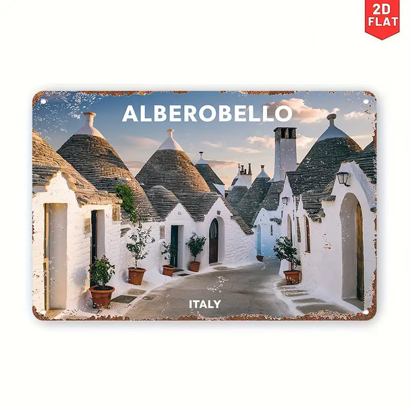 TEMU 2d Flat, 1pc Italian Trulli Houses & Italy Metal Wall Art Sign - Vintage Puglia Region Decorative Plaque For Home, Weddings, Italian-themed