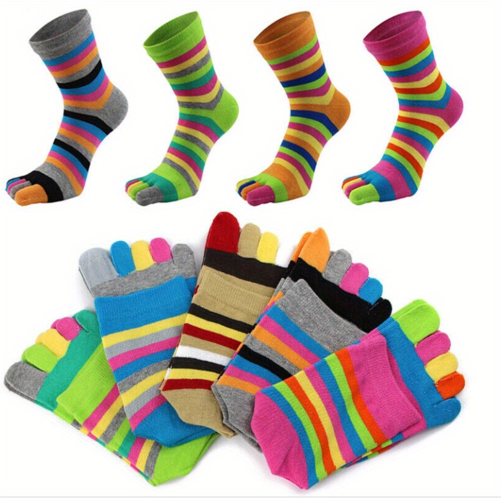 5 Pairs Women's Toe Sport Striped Rainbow 5 Finger Socks