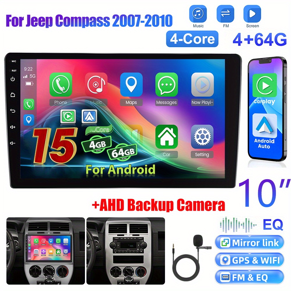 Image of [4+64g] 10 Inch 15 Radio Double Din Car Stereo For Compass 2007-2010 With Auto, 1080p Touch Screen Radio Wifi/ / Fm/ Swc/ / Backup Camera/ Mic/ 32 Eq