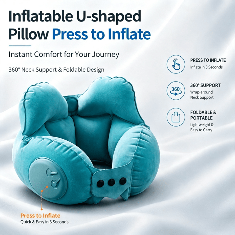 TEMU Oreiller de voyage gonflable portable pour le cou avec compression à bouton-poussoir, offrant un soutien confortable pour et le cou pour les et