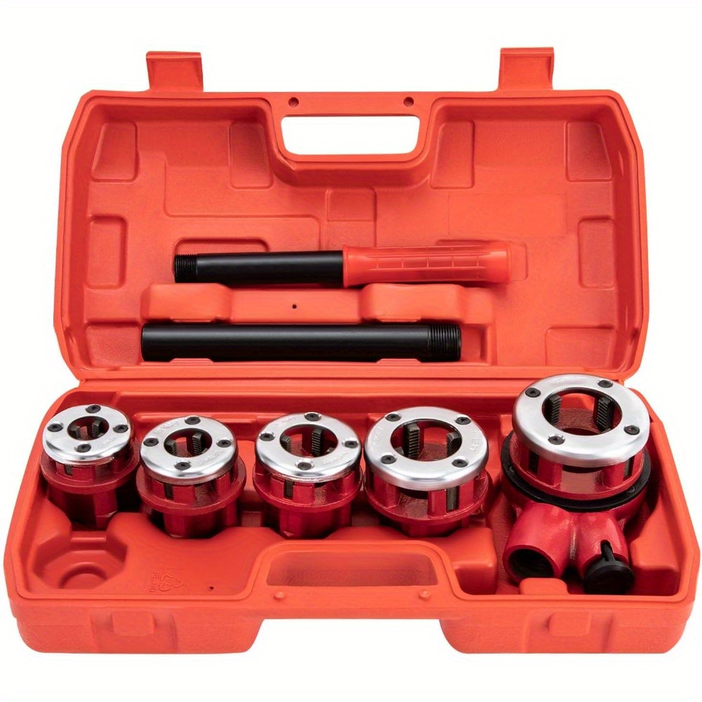 Manual Threading Tool For Plumbers, Featuring A Pipe Thread Cutting Set That Includes 5 Dies In Sizes 3/8", 1/2", 3/4", 1", And 1-1/4"