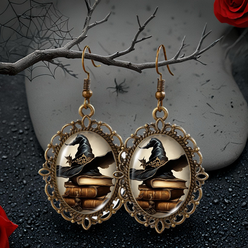 TEMU Vintage Wizard Hat & Magic Book Dangle Earrings - Gothic Jewelry With & Golden Accents, Elegant Glass Pendant For Halloween, Christmas, Without