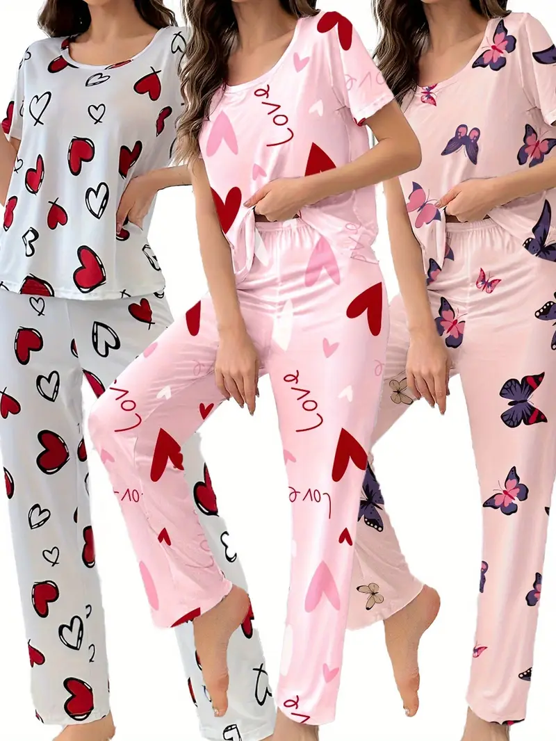 3 sets of 6pcs womens casual polyester white pink top and long pants pajama set heart print fabric short sleeve top with trousers casual loungewear sexy outside Product details 0