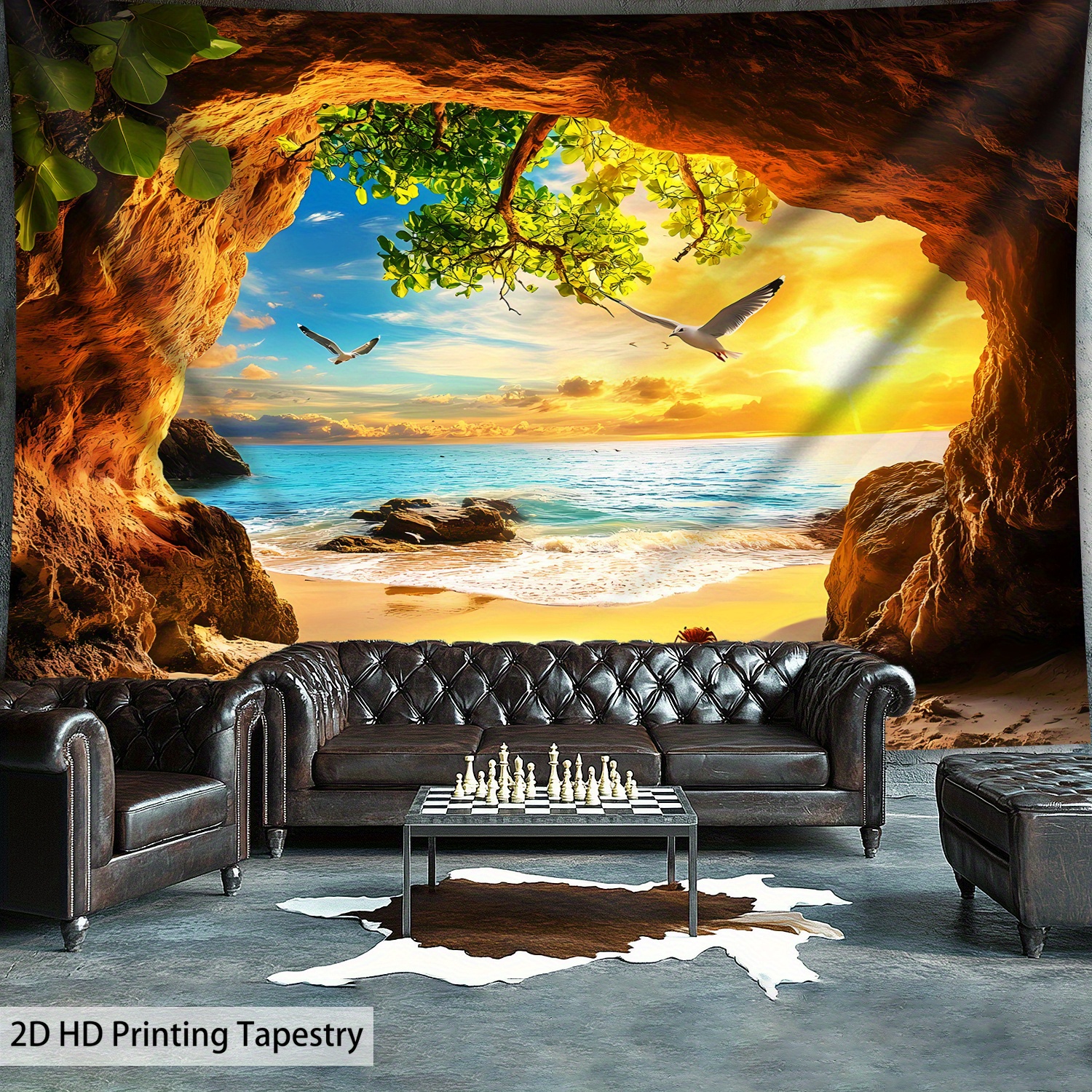 Seaside Cave Landscape Tapestry Wall Hanging Large Aesthetic Art_voghion.com