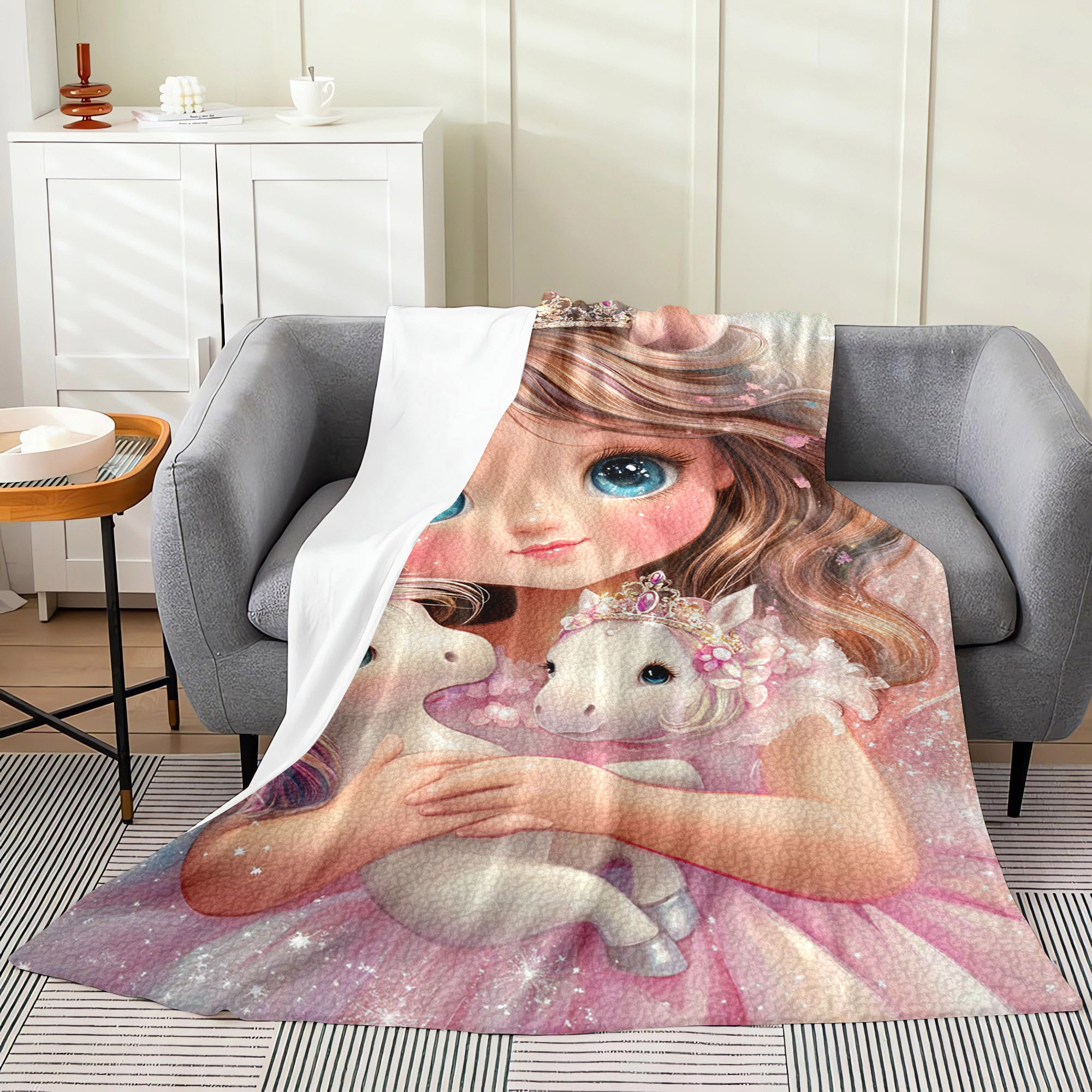 contemporary flannel throw blanket with   girl and   unicorns print hypoallergenic   multipurpose   polyester bedding with ideal for bed sofa camping for gifting details 5