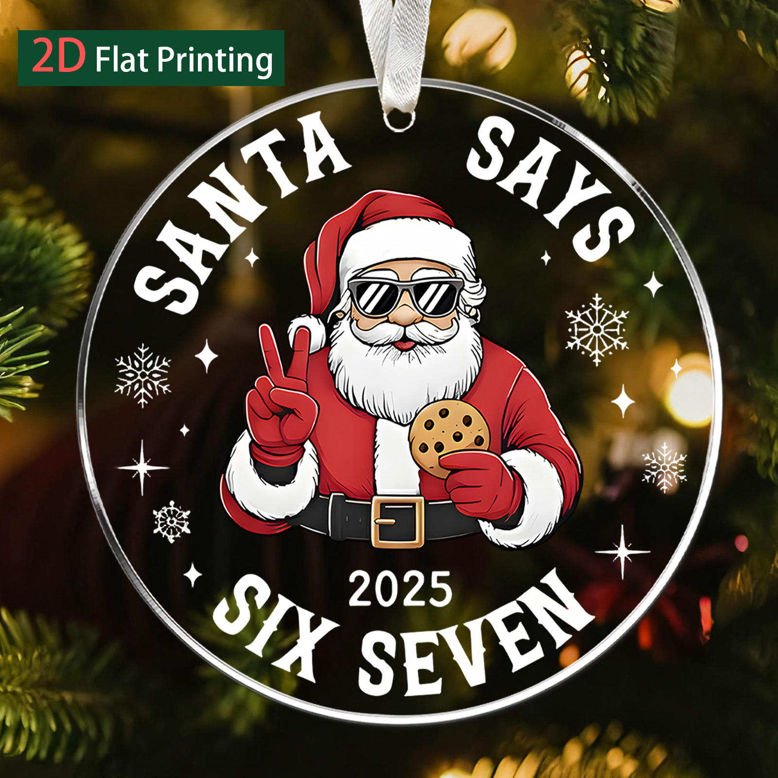 TEMU 2d Flat, 1pc Cool Santa Claus With Cookie And Peace Sign Numbers 67 Christmas Gifts Acrylic Hanging Ornament -christmas Tree Acrylic Pendant,