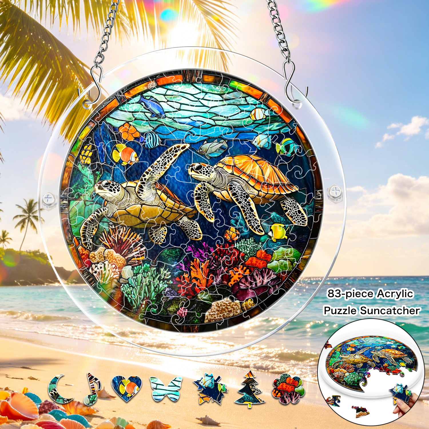 item picture 1set sea turtle acrylic puzzle suncatcher 83pcs 7 4inch stained style colorful   ocean puzzle suncatcher window hanging ornament for beach and balcony summer sunlight catcher for home and office   beach decor