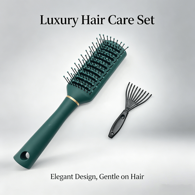 TEMU 2pcs Luxury Dark Green Vented Quick-dry Detangling Hair Brush Set With Cleaning Rake For Straight Curly Wet Dry Long Thick Hair, Home Gym