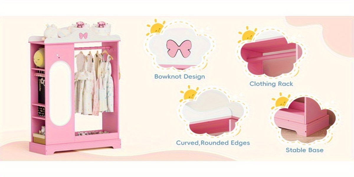Kids Armoire with Jewelry Cabinet, Kids Dress Up Storage wth Shelves, Girls Wardrode Costume Organizer with Mirror, Children Closet with Armoire for Bedroom, Kids Room, Girls, Kids Room Furniture, Bedroom Storage, Stylish Kids Wardrobe, Playful Design, Hardwood Construction, Quality Wood Finish, Shelved Wardrobe, Parents Organizing, Childrens Clothing