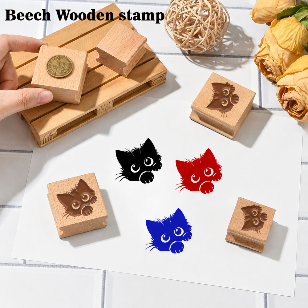 Fluffy Cat Square Wooden Rubber Stamp for Decorative Journals
