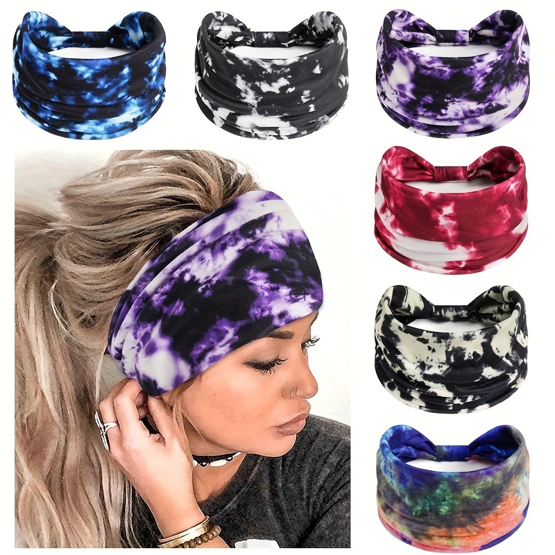 TEMU 6pcs Bohemian Tie-dye Printed Women's Wide Headbands- Elastic, Fashionable Vibrant Color Knotted Yoga And Sports Hair Accessories
