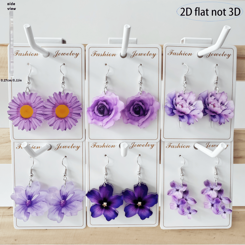 TEMU 2d Flat, 6-pack Set Of Purple Floral Earrings Featuring Daisy, Rose, And Peony Acrylic Drop Earrings. Niche, Bohemian Multi-functional Jewelry