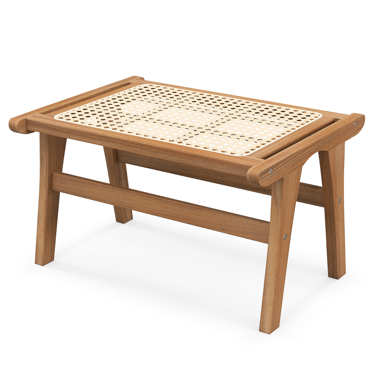 Ottoman Footstool, Natural Teak Wooden Foot Rest W/ Handwoven Rattan for Living Room Bedroom Office, 14