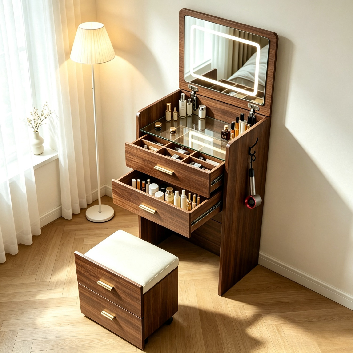 3-in-1 Dressing Table With Stool & Mirror - Space- Vanity Unit With Stool, Compact Bedside Desk Suitable For Small Rooms, Multi-drawer Storage & Hooks, Assembly, Non-wood For Organization