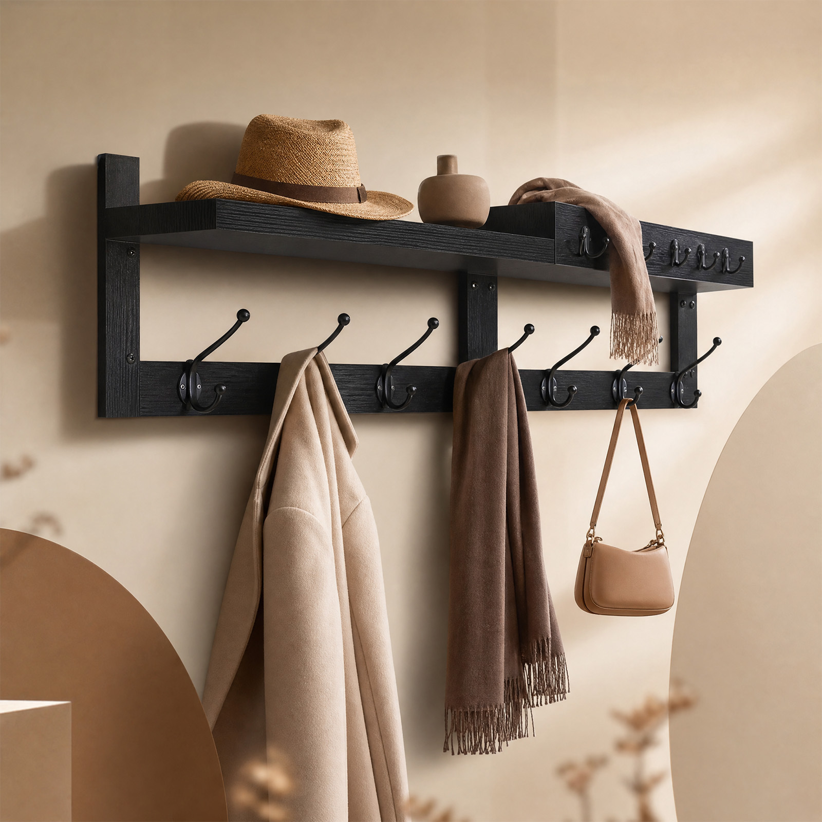 Wall-mounted Coat Rack And Shelf With Hooks - Multifunctional Wood Shelf & Hanger Suitable For Entryway,, Bedroom, Bathroom Storage - Space- Modern Furniture With Hooks For Coats, Hats, Bags, Towels