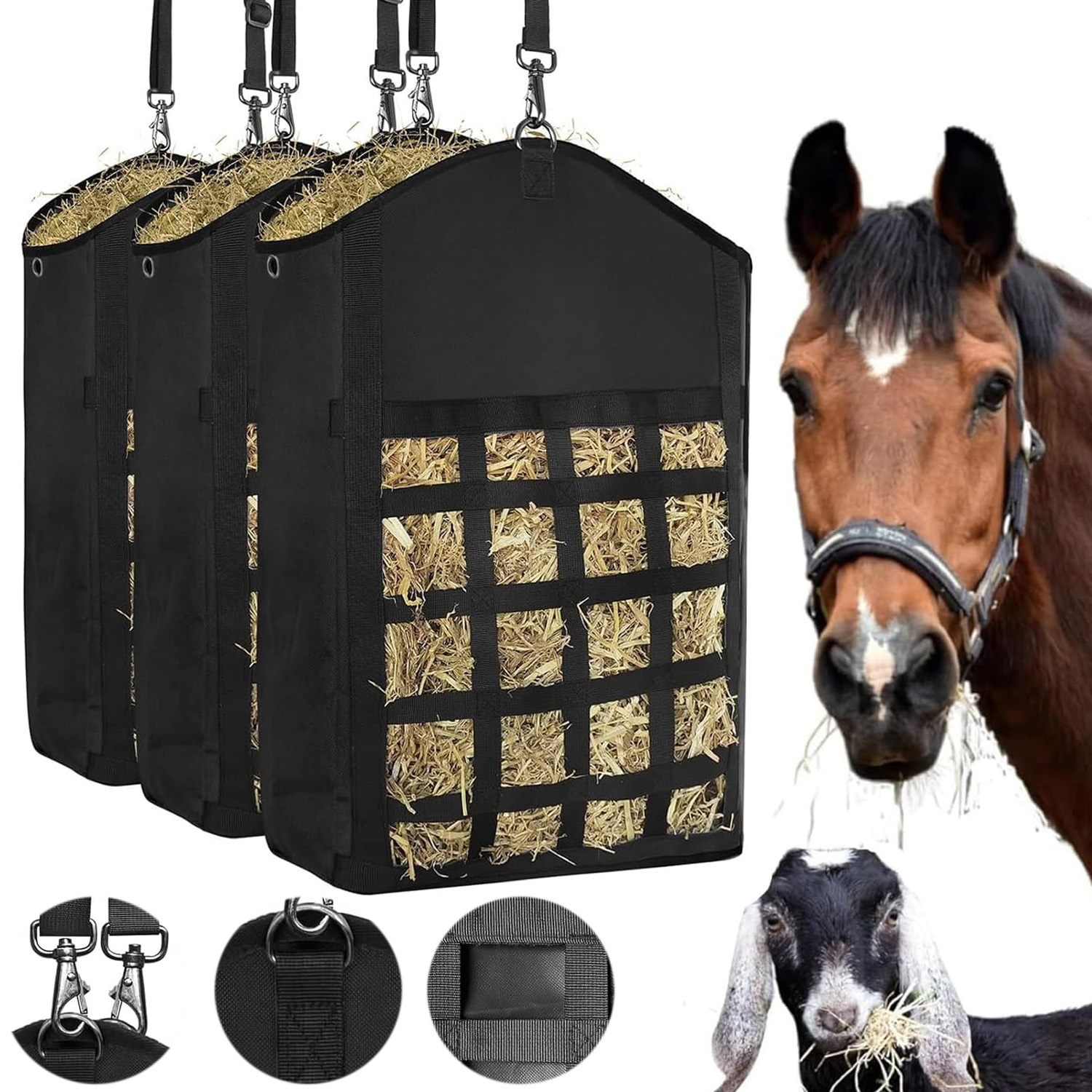 3pcs Large Capacity Oxford Hay Feeder Bag With Hay Nets And Adjustable Strap - For Sheep Cows Ostriches Or Other Farm Animals