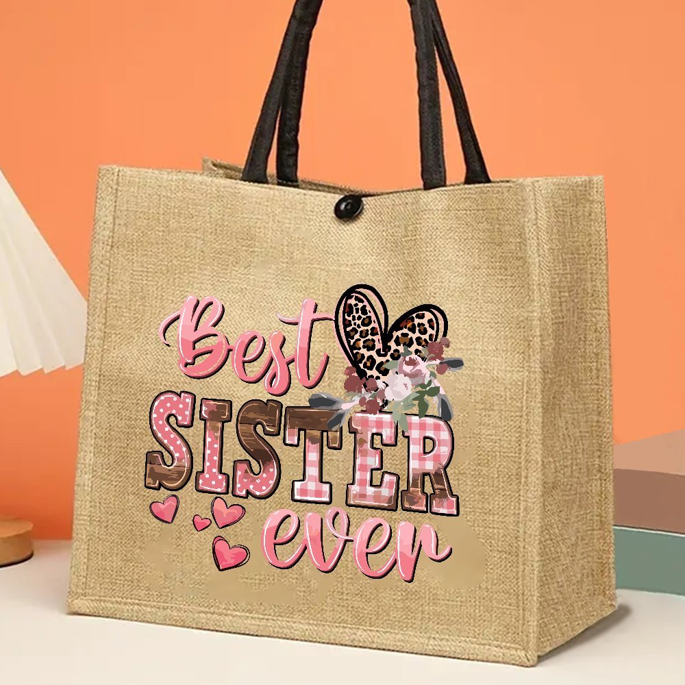 

Chic Sister-themed Jute Tote Bag - Large Capacity, & Stylish Handbag For Shopping, Traveling, Picnics | Perfect Gift For Sisters