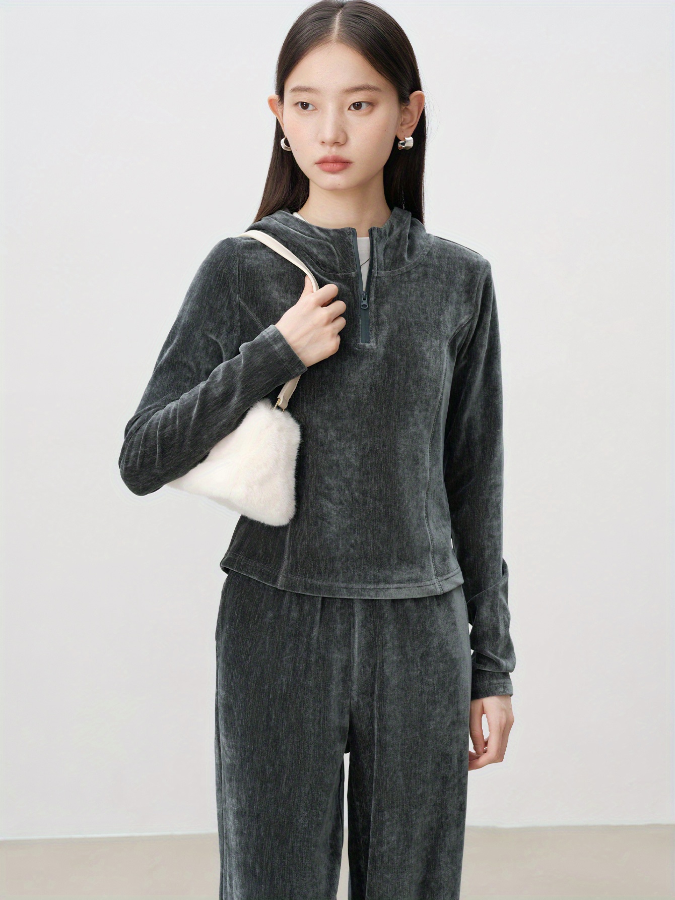   여성용   그레이 후드티 - 부드러운 스웨이드 원단, 긴 소매, 지퍼 디자인,   레그 팬츠, 캐주얼 봄/여름 사무복, 봄 여름 의류 | 지퍼업 후드티 | 미묘한 질감