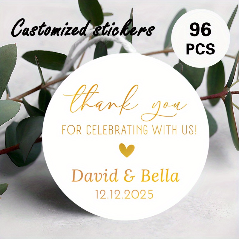TEMU Custom 48/96pcs Wedding Round Stickers, Personalizable With Name, Date, Etc. Golden "thank You For Celebrating With Us" Design. Suitable For