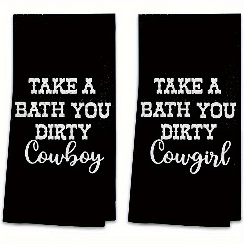 

2pcs Set, 18x26 Inch, Soft Polyester Kitchen Towels, Modern Western Cowboy & Cowgirl Design, Black, Machine Washable, Rectangular, Sporty Home & Bathroom Decor, Weave