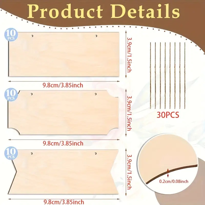 TEMU 30pcs Unfinished Wooden Rectangular Hanging Ornaments With Rope, 1.5 X 3.85 Inches - Ideal For Flame Carving, Writing Materials, Exquisite