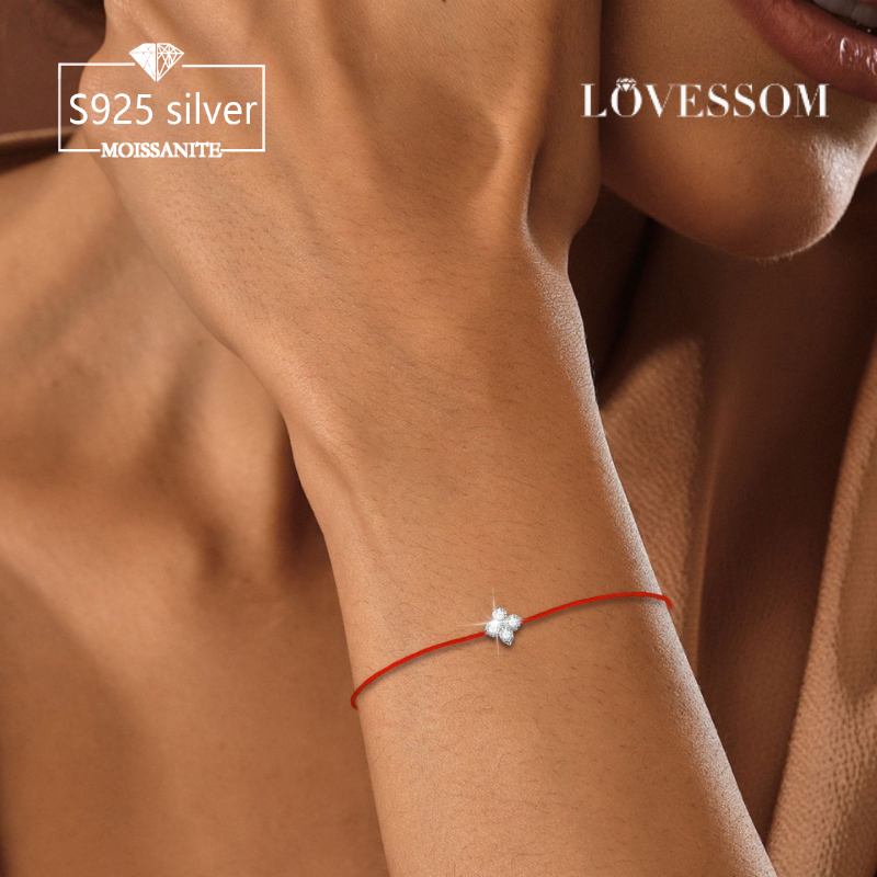 925 Silver Red Rope Four-Leaf Clover Bracelet, Elegant Gift