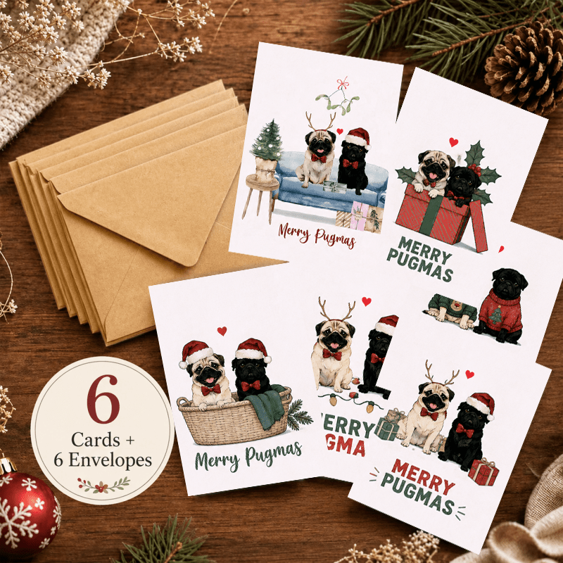 TEMU 12pcs Set Of Christmas Cards With Envelopes, Watercolor Pug With Gift , Cute , Christmas Cards For Dog-loving
