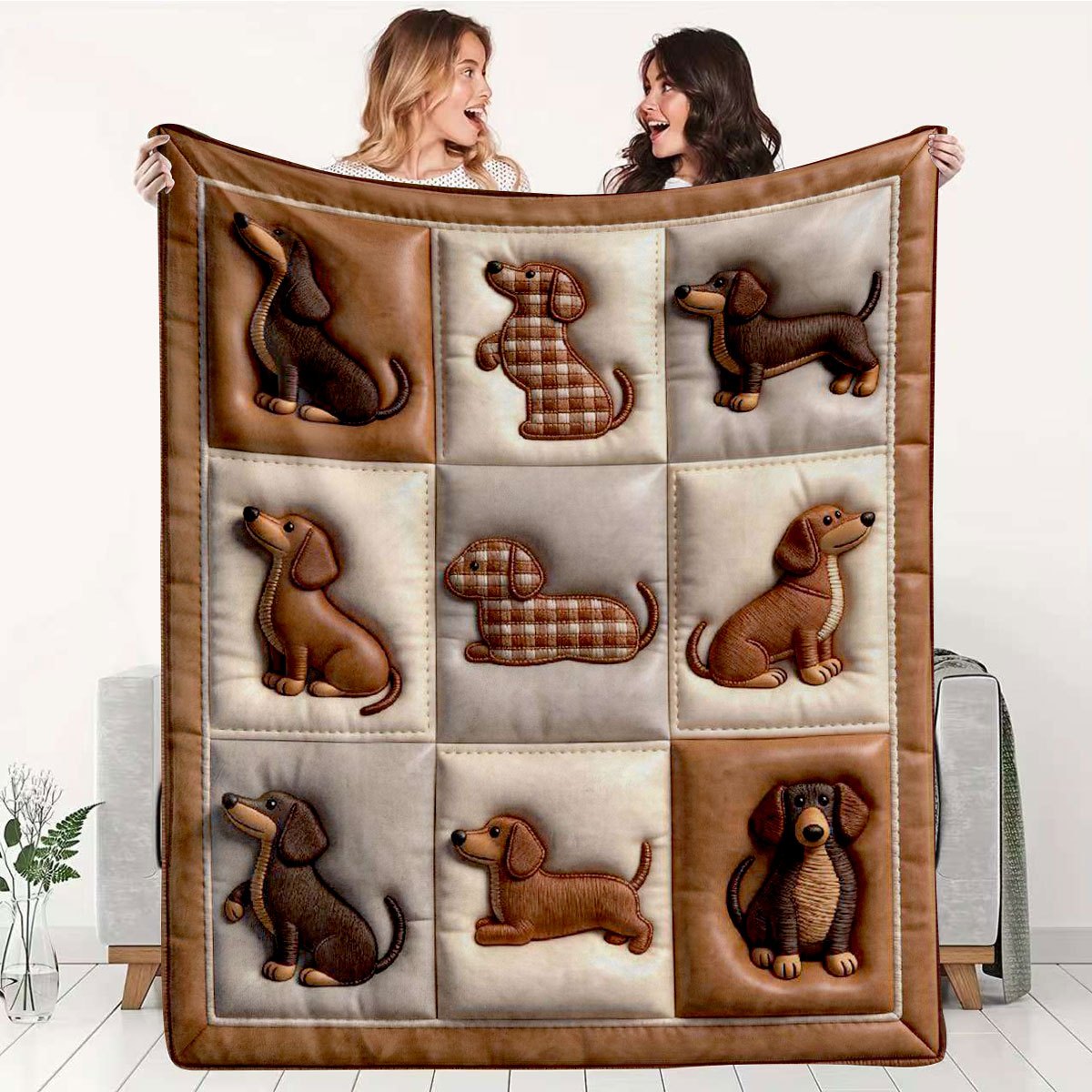 TEMU 1pc Flannel Throw Blanket, Dachshund Pattern With 3d Embroidery, Brown-beige-cream Color Block, Soft And Warm Sofa Blanket/nap Blanket, Quilted