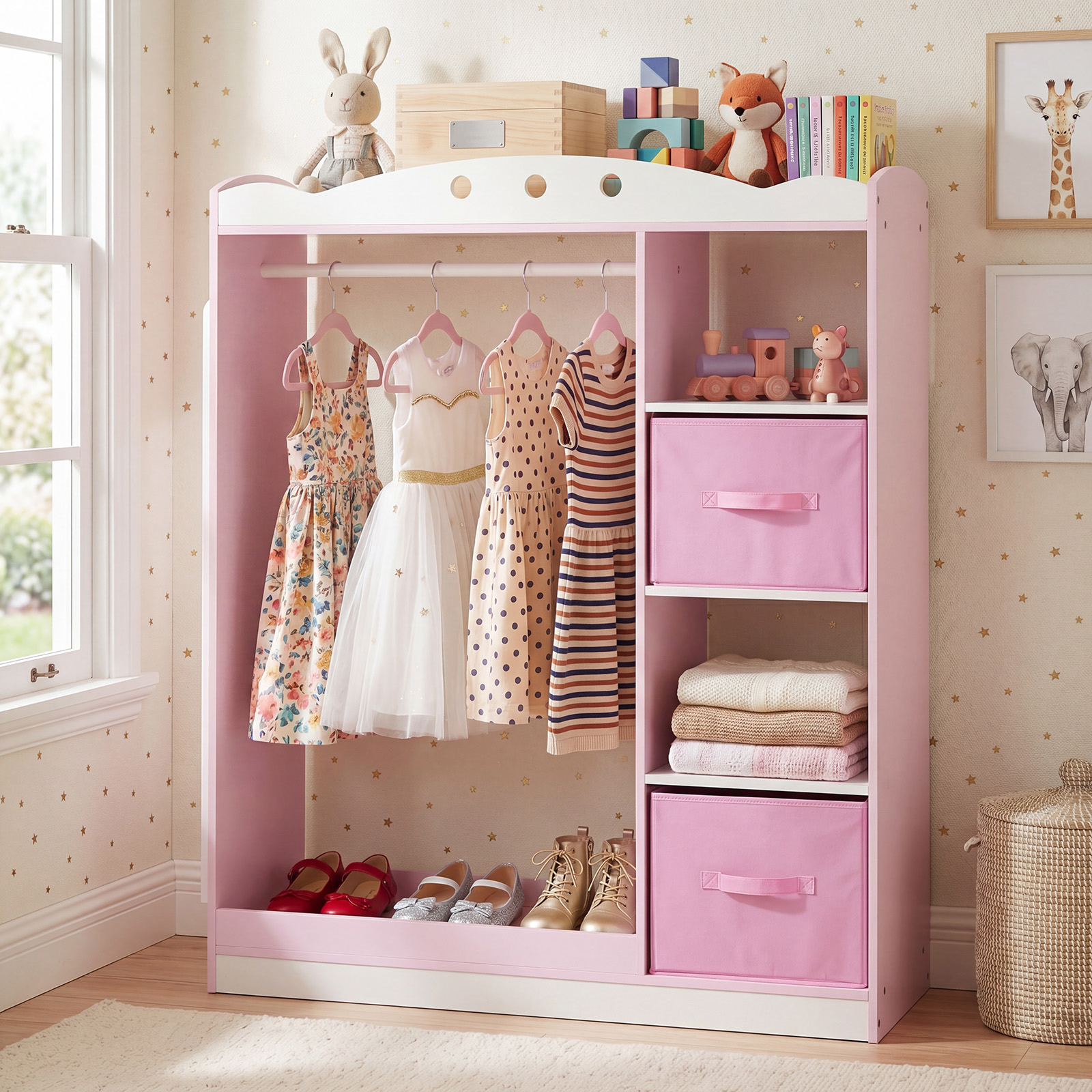 Image of Kids Dress Up Wardrobe With Full-length Mirror - Pink Wooden Armoire Suitable For &, With Hanging Rod, Foldable Fabric Drawers & Open Shelves, Mirror For Dressing Room, Storage, Assembly