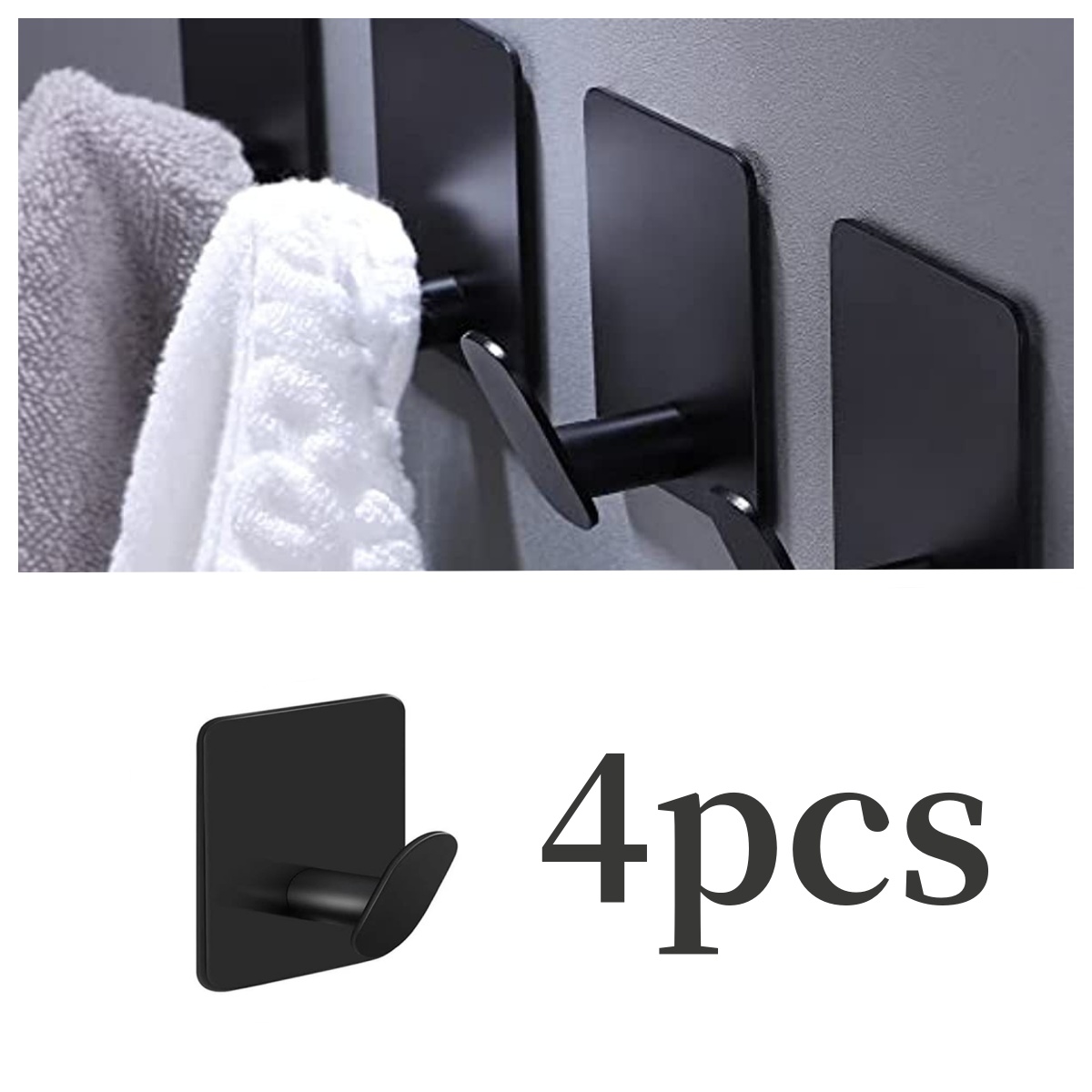 Image of 4pcs Matte Black Stainless Steel Towel Hooks | No-drill Adhesive Installation | Suitable For Bathrooms, Ideal For Hanging Towels, Robes, Coats, And Hats, Organizing Bathroom And Bedroom Spaces