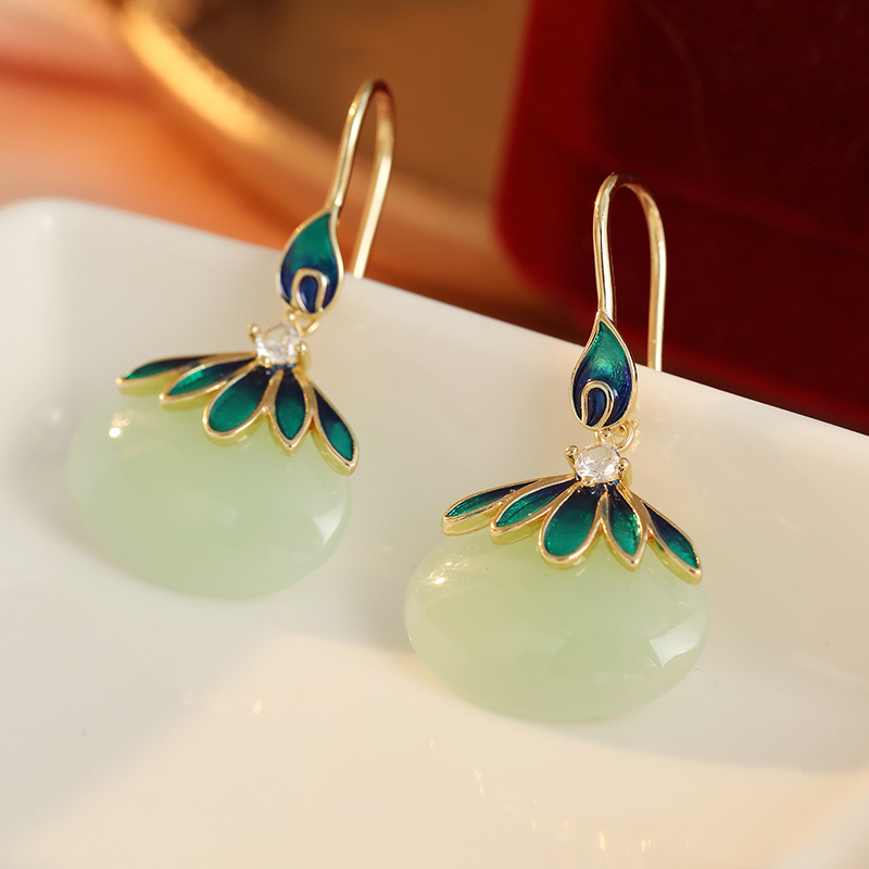 Vintage Drape Earrings with Pale Green Oval Setting