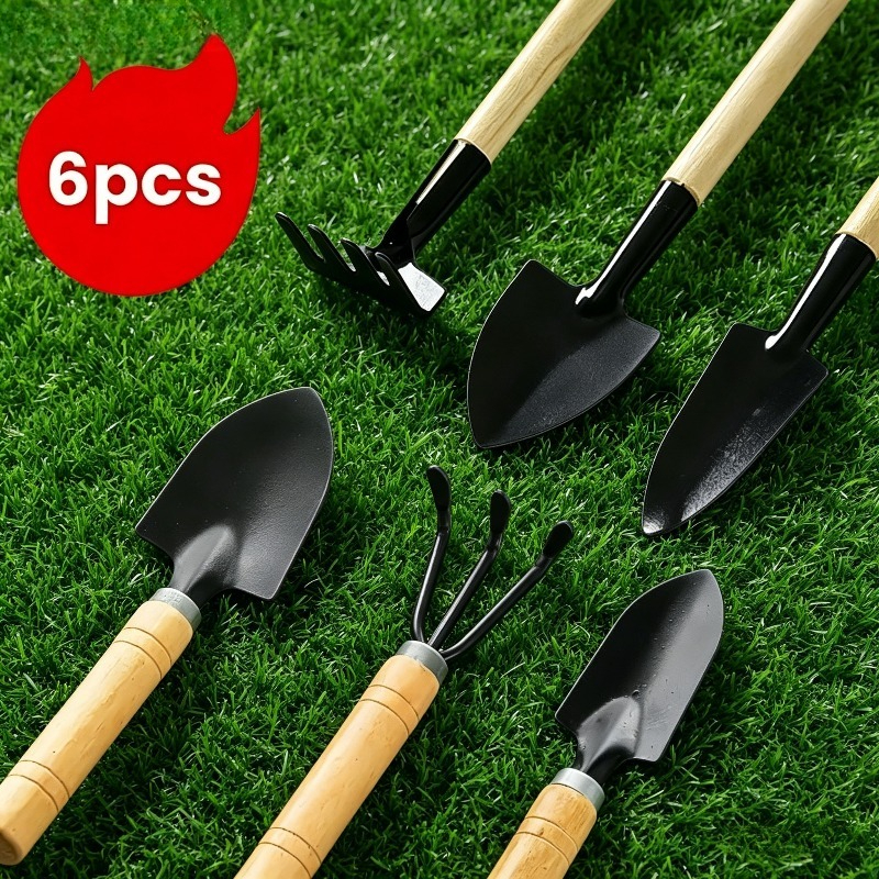 6pcs gardening tool set wooden handle small shovel small rake flower planting tools household succulent potted soil loosening flower raising tools balcony vegetable gardening shovel sturdy and durable material