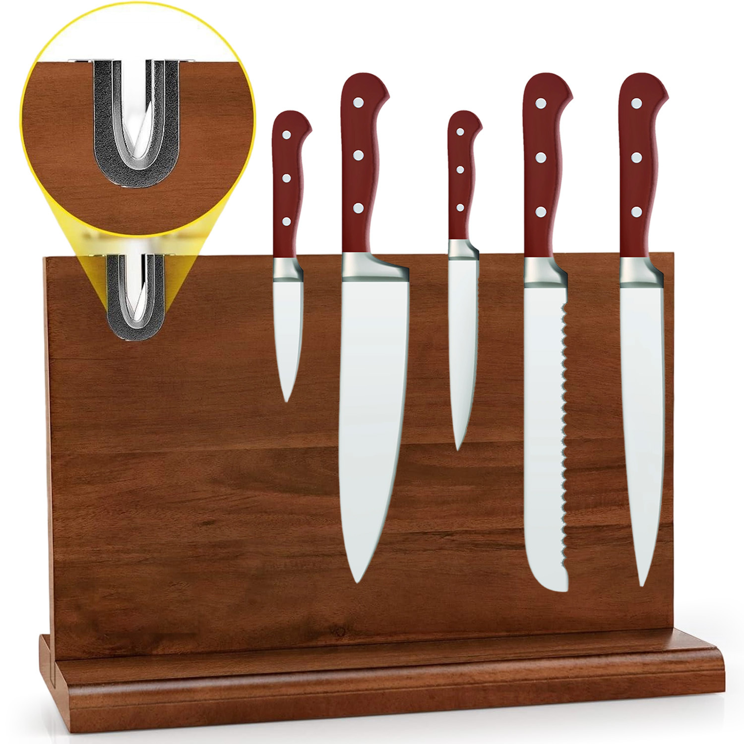 Image of Magnetic Knife Block 35.5*11.4*25.4cm, Double Sided Magnetic Knife Holder Rack For Kitchen Counter, Acacia Wood Magnetic Knife Storage Stand With Knife Sharpener