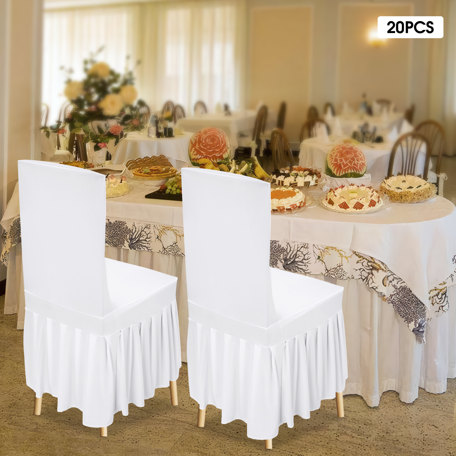 TEMU 20pcs Housses de chaise à jupe plissée blanche épaissies - Housses de chaise avec jupe, protections de chaise extensibles pour mariage pour