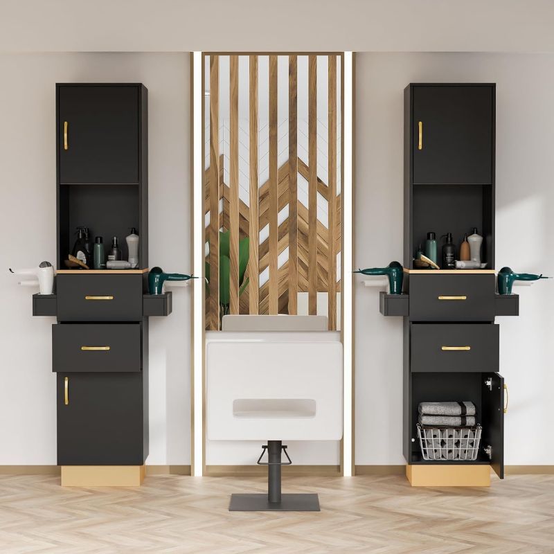 TEMU Hair Stylist, Barber Stations For Salons, Equipment Featuring 2 Drawers, 2 Storage Cabinets, And 6 Holders For Hair Dryers, In Black Golden Or White Golden