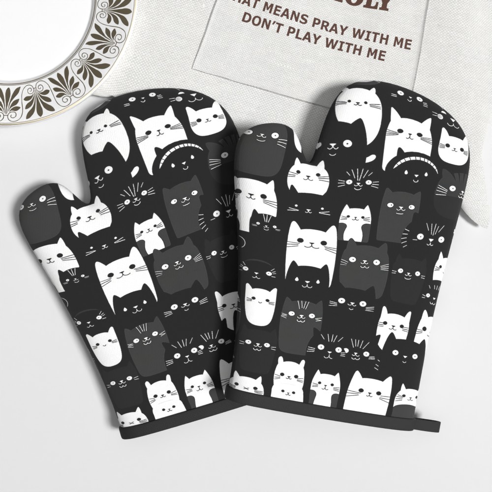 2pcs Cat Print Oven Mitts Suitable For Kitchen, Heat Resistant Non-slip With Cute Kitten, Machine Washable Mittens For Baking, Grilling, Camping, For & Party Use - Bright For Cooking (cat-themed)