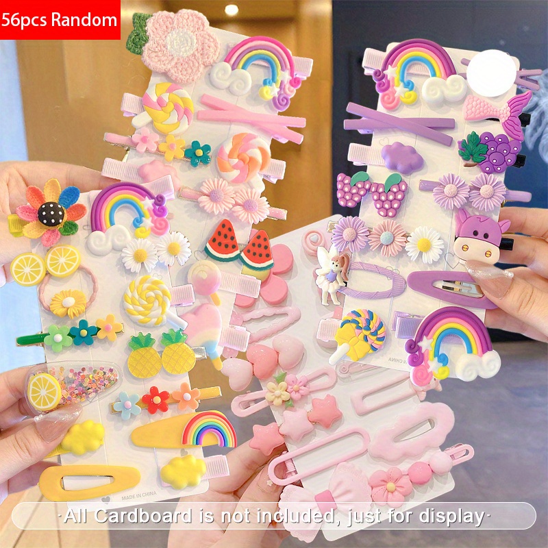 56pcs Cute Hair Accessories Set, Style Random Assorted Resin Hair Clips, Non-slip Mini Barrettes, Fashion Decorations, Flowers, Fruits, Rabbit , Ideal For Birthday, Holiday, New Year Gifts
