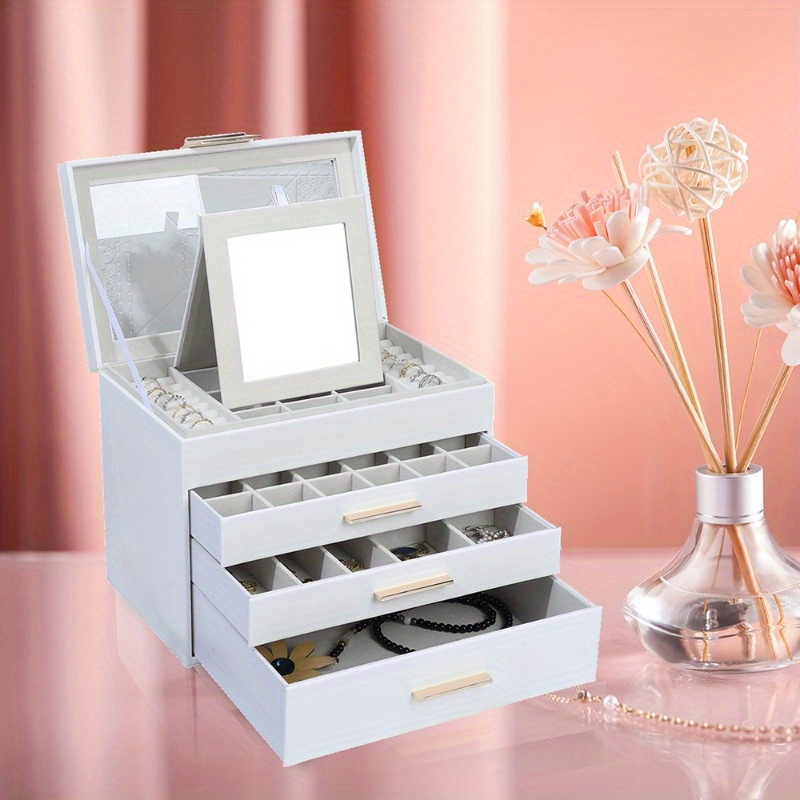 BOOVO Advanced 4-layer Jewelry Box -3-layer Drawer Large Capacity Storage - Transparent Window Design - Suitable for Displaying and Storing Jewelry - Built-in Flip Mirror - Equipped with Necklace Hook - Multifunctional Faux Leather Jewelry Box