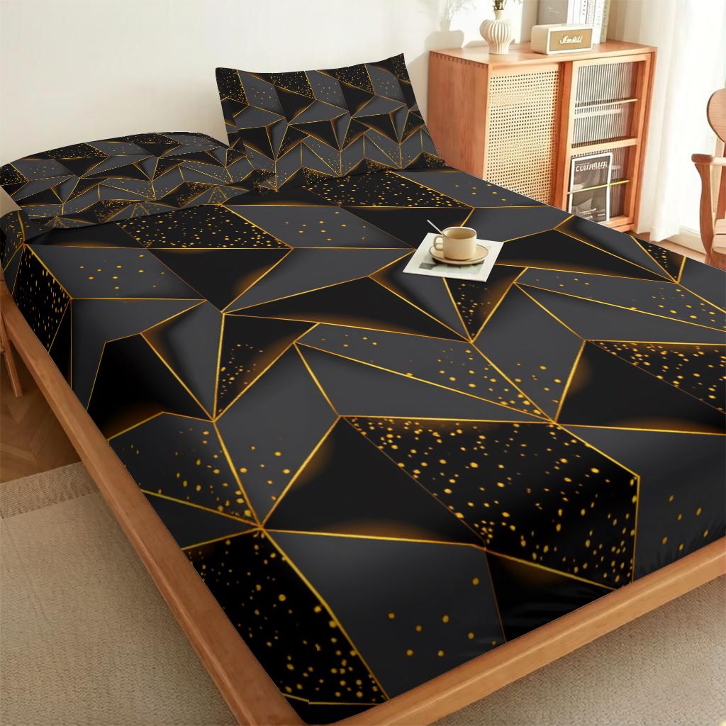 TEMU -1pc Black Geometric Golden Dots Design Fitted Sheet, Soft And Breathable, Washable In Machine, Suitable For Guest Rooms, Student Dorms,