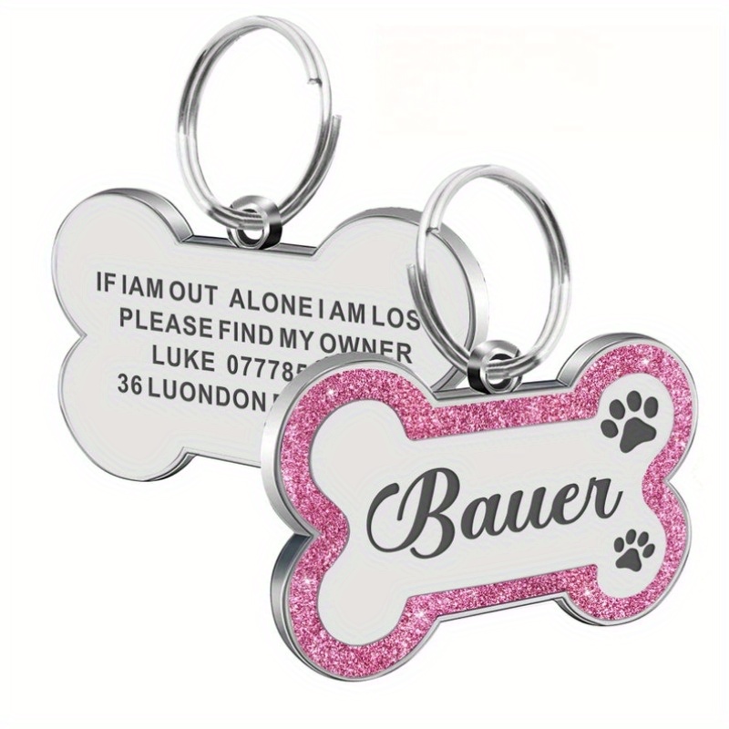 TEMU Personalized Dog Id Tags - Custom Engravable Name & Text, Dog Collar Compatible Bone-shaped & Round Tags With Your Pet' Name, Phone, Vet - For Puppy & Dogs (custom Glitter)