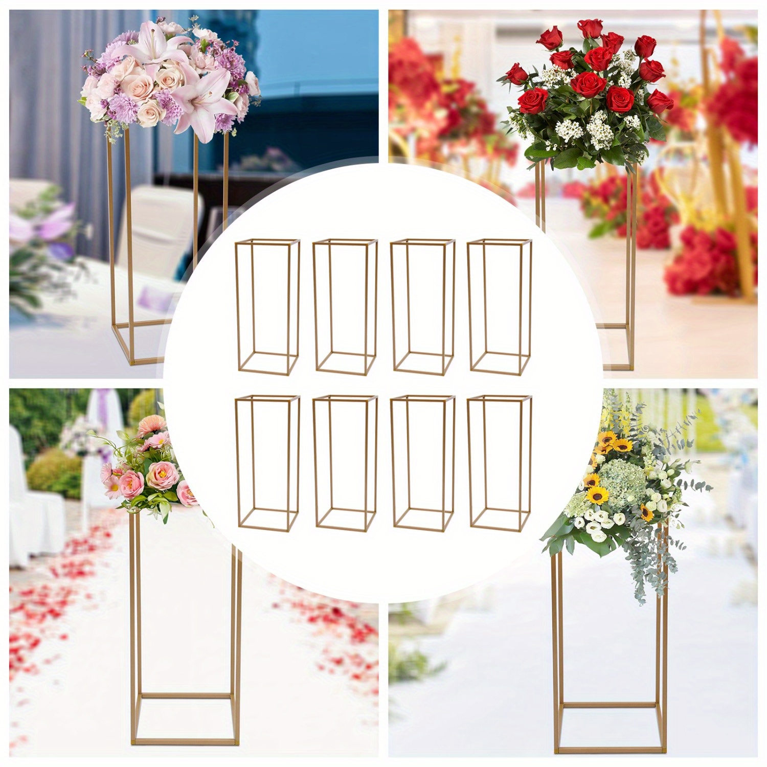 

10pcs Elegant Golden Metal Wedding Flower Stands, 23.6" Tall - Rectangular Centerpieces For Weddings & - Easy , Freestanding Design With Connectors, Table Decorations, Wedding Decorations