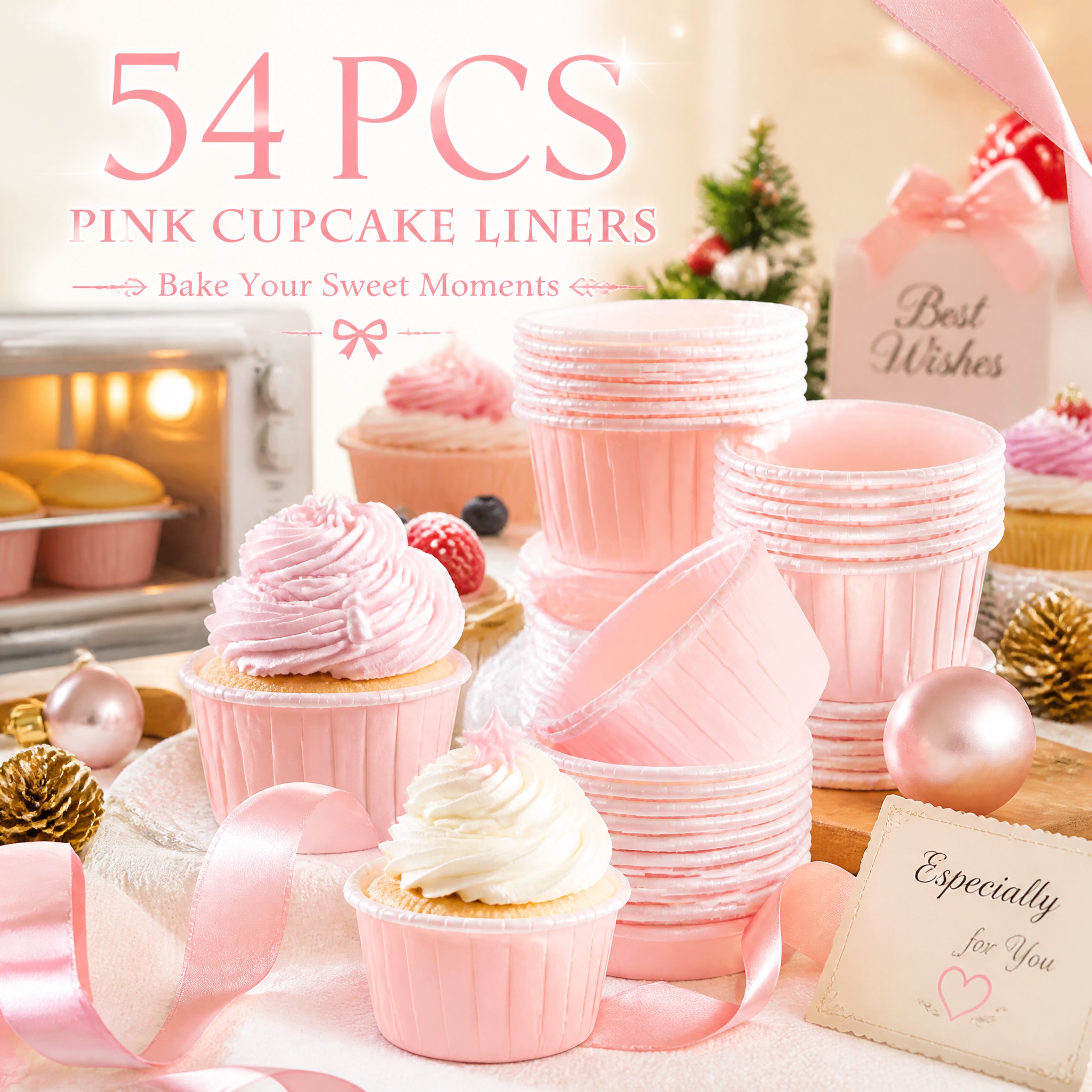 TEMU Lot de 54 caissettes à cupcakes élégantes roses, qualité alimentaire, résistantes à l'huile et à la chaleur, bord à volants robuste pour un