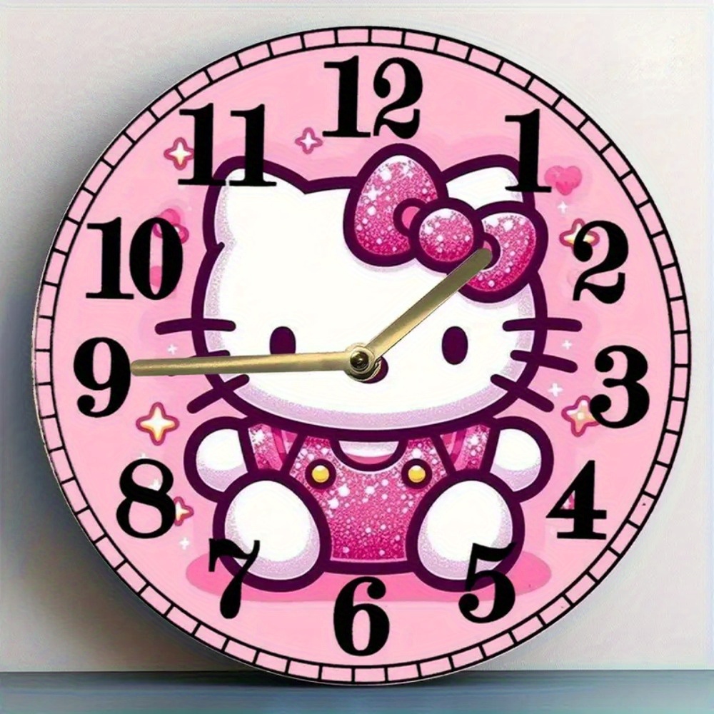 TEMU Hello Kitty Pink Glitter Wall Clock - Cute Cartoon Design, 1pc 12inch Wall Clock, Wooden 2d Flat Wall Clock, Wedding Party Decor Wall Clock, Aa