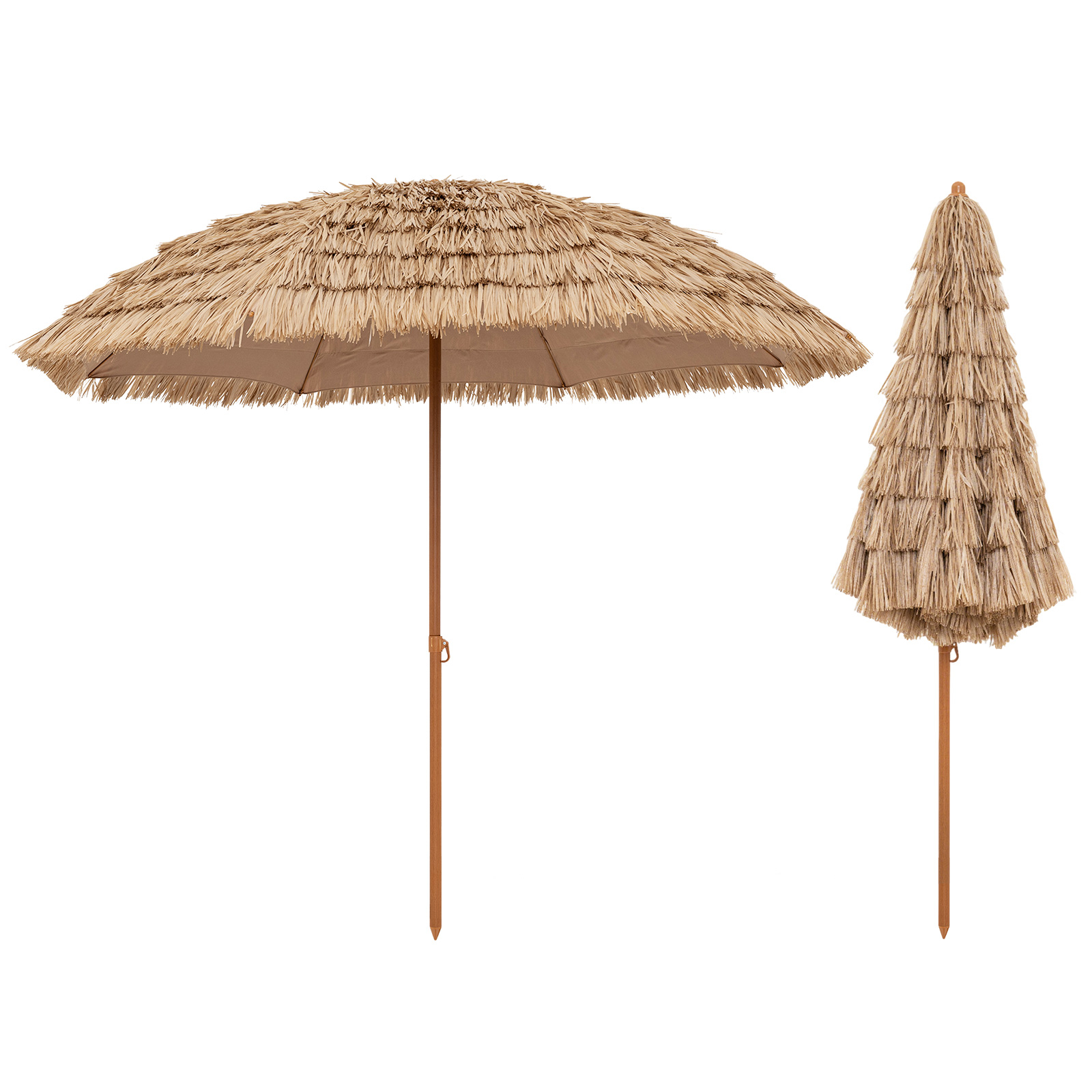 Image of Thatched Umbrella, 8ft Hawaiian Style Beach Umbrella With 8 Ribs And Fringe, For Tropical , Patio, Garden And Poolside
