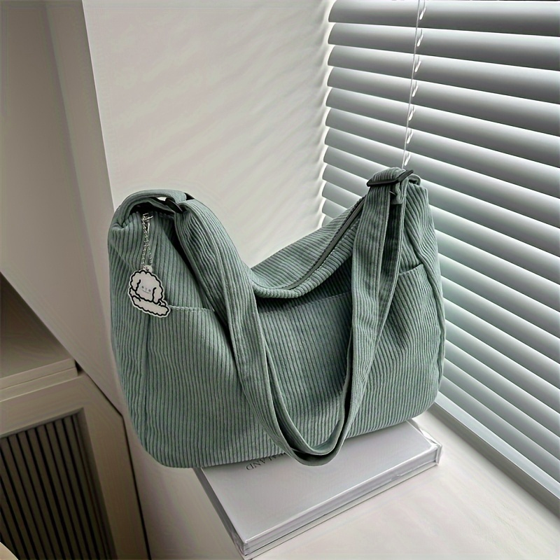 Women's Corduroy Shoulder Bag - Black Casual Striped Large Capacity Handbag With Zipper Closure, And Cute Hat Patch, Use