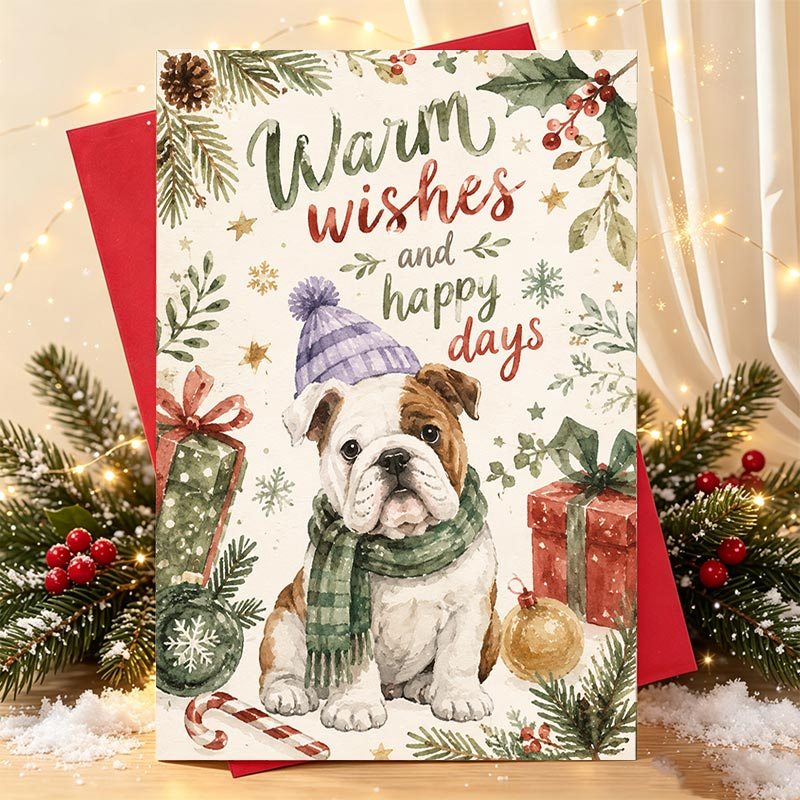 TEMU 1pc Bulldog Christmas Card Suitable For Adults - Adorable With English Greeting, Festive Paper Card For , Perfect Gift For Bulldog Lovers,