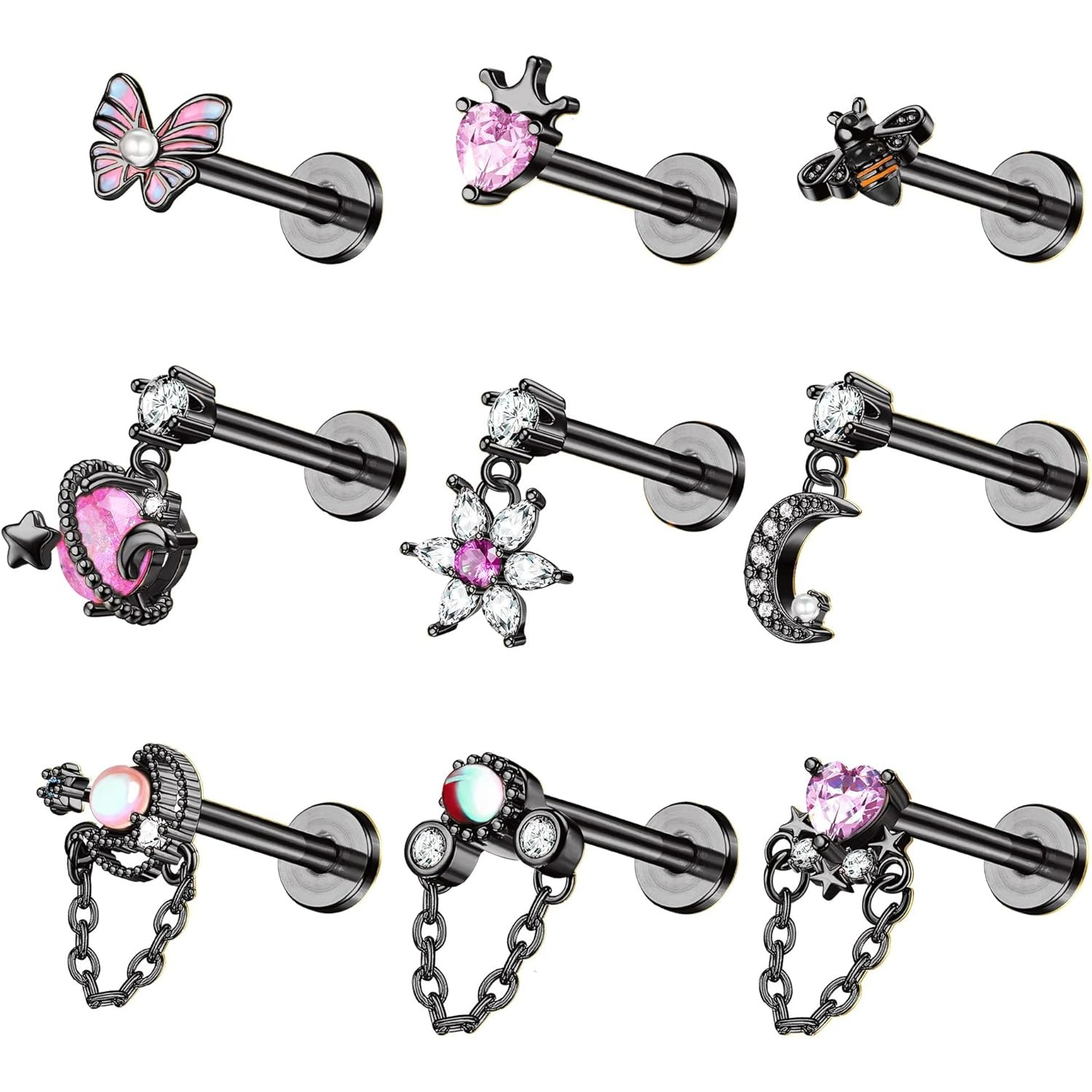 9pcs Cartilage Piercing Jewellery Dangle Cartilage Earrings For Women Stainless Steel Nose Lip Piercing Jewellery Moon Heart Tragus Conch Cartilage Stud Earring Piercing Jewelry