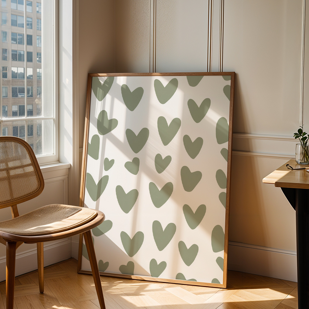 TEMU 2d Flat, Modern Minimalist Green Heart Wall Suitable For Bedroom & Living Room Decor - Horizontal Green Heart Pattern Canvas Prints, Color Ink