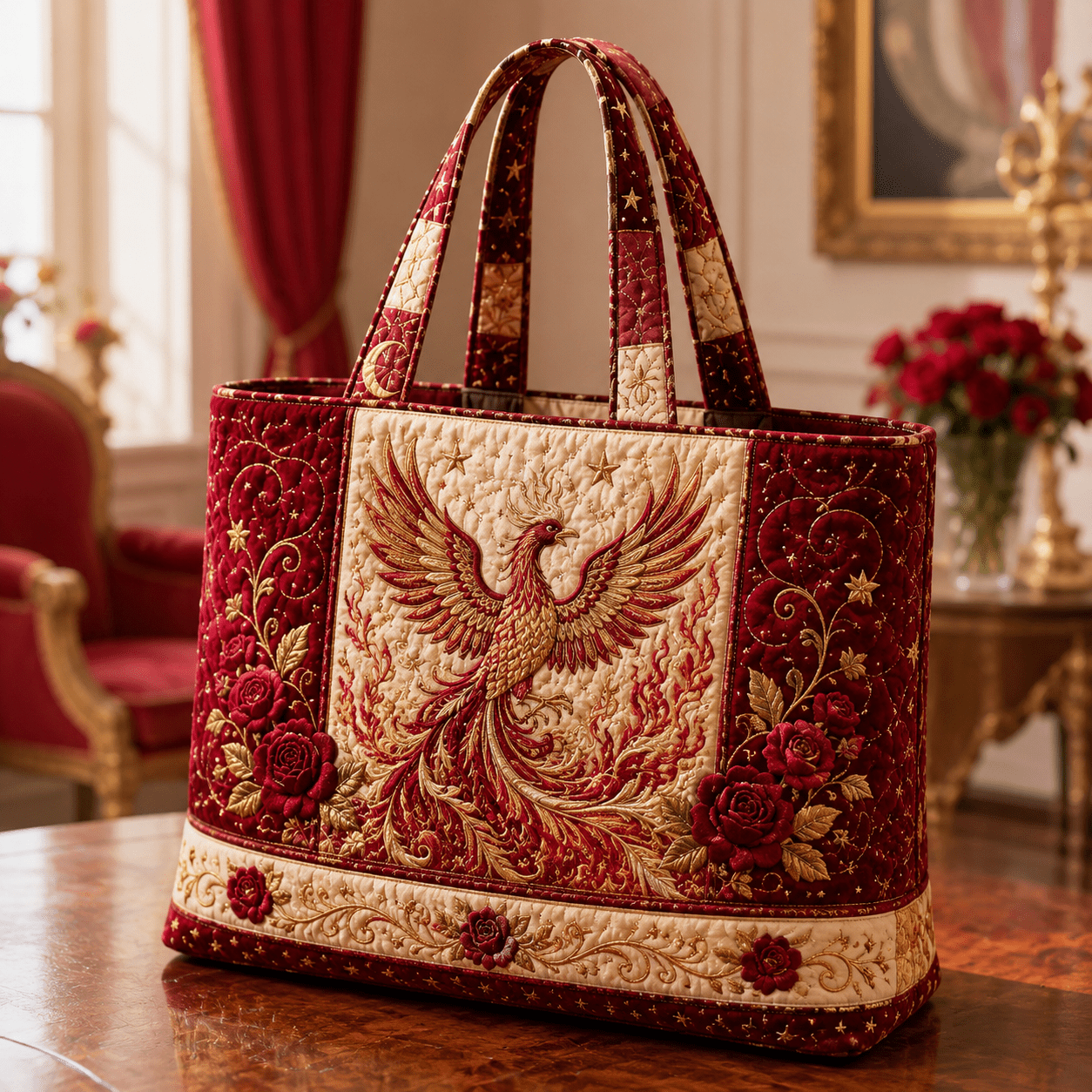 TEMU 17*15inchquilted Tote Bag For Women, Luxury Embroidery Phoenix Visual, Soft Shoulder Bag, Large Capacity, Travel Work School Shopping Gym