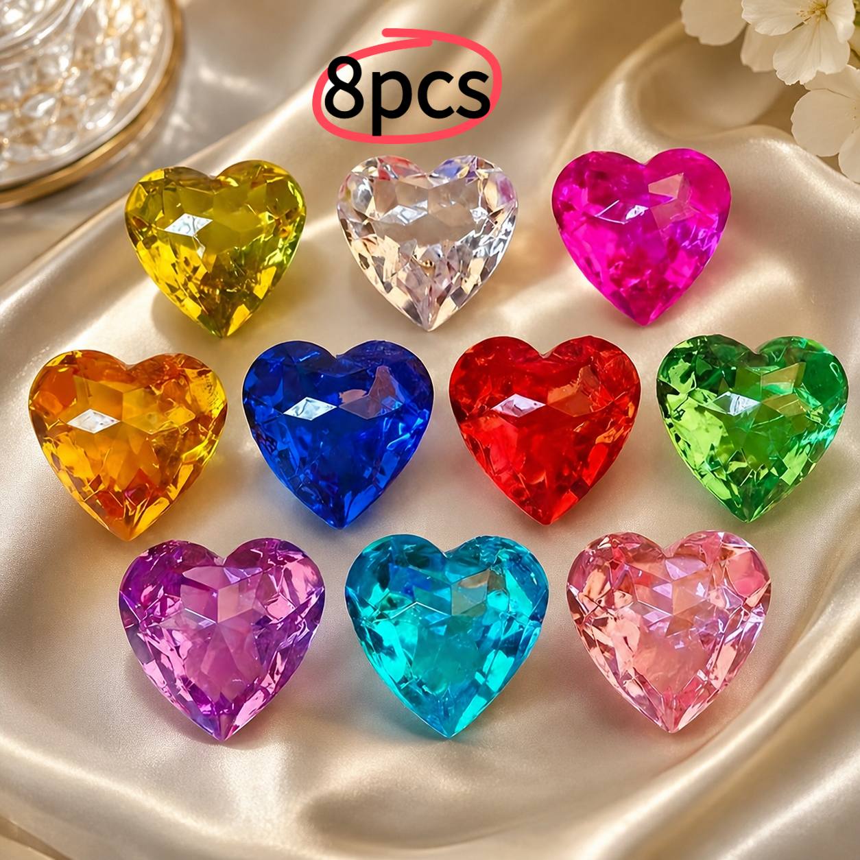 TEMU 8-delige set 1,57-inch gemengde kleuren bolle acryl hartvormige edelstenen, kristalhelder. Perfect voor huisdecoratie, piratenfeestdecoraties,